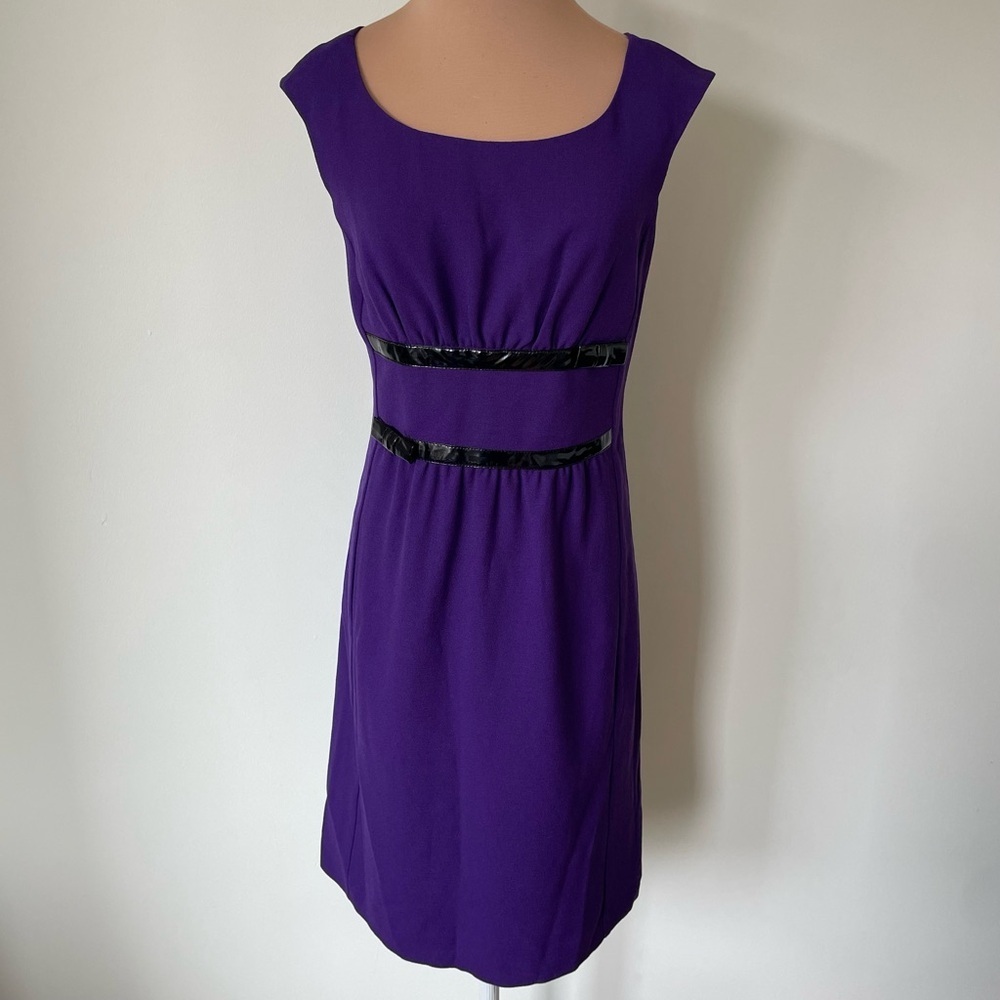 ARMANI COLLEZIONI Purple Wool Black Patent Bow Strip Accent Sheath Dress EUC 4